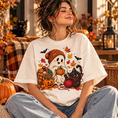 Cozy Ghost Knitting Fall & Halloween Oversized T-Shirt