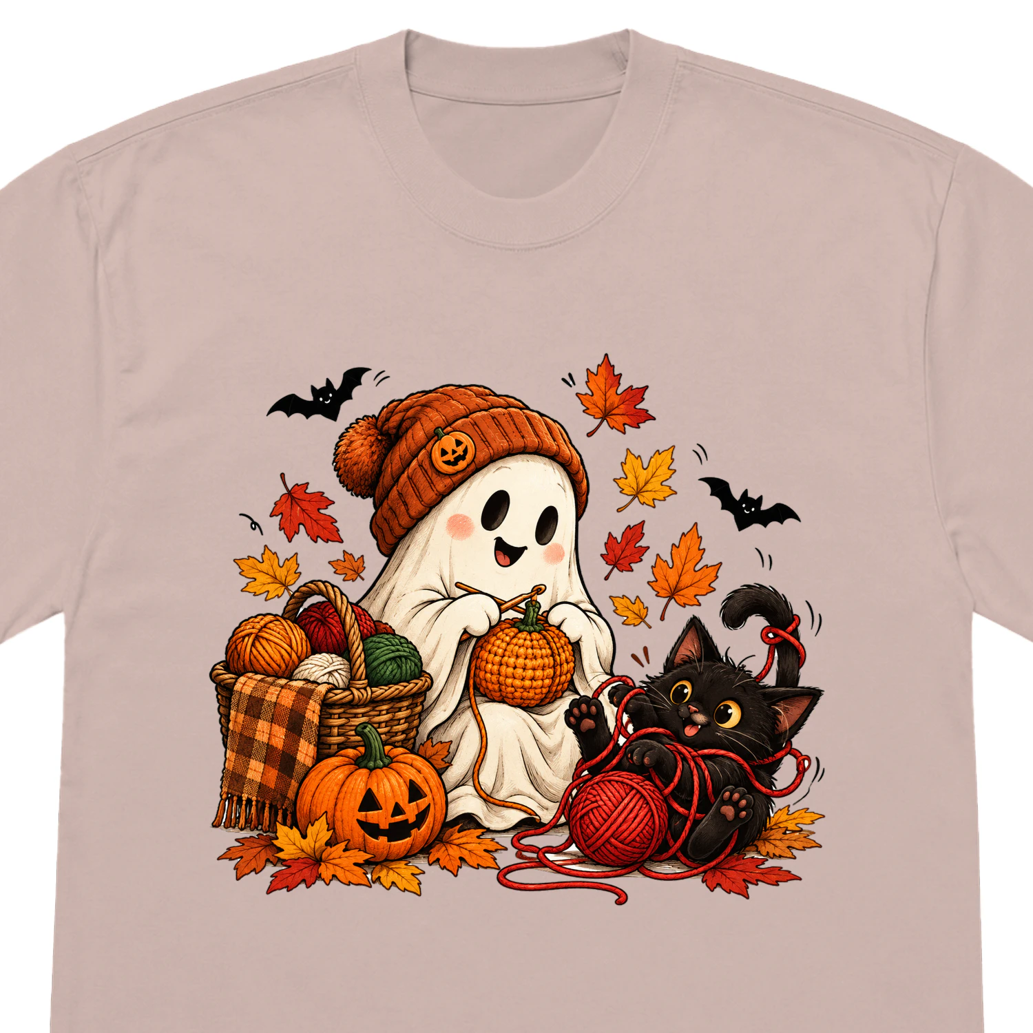 Cozy Ghost Knitting Fall & Halloween Oversized T-Shirt
