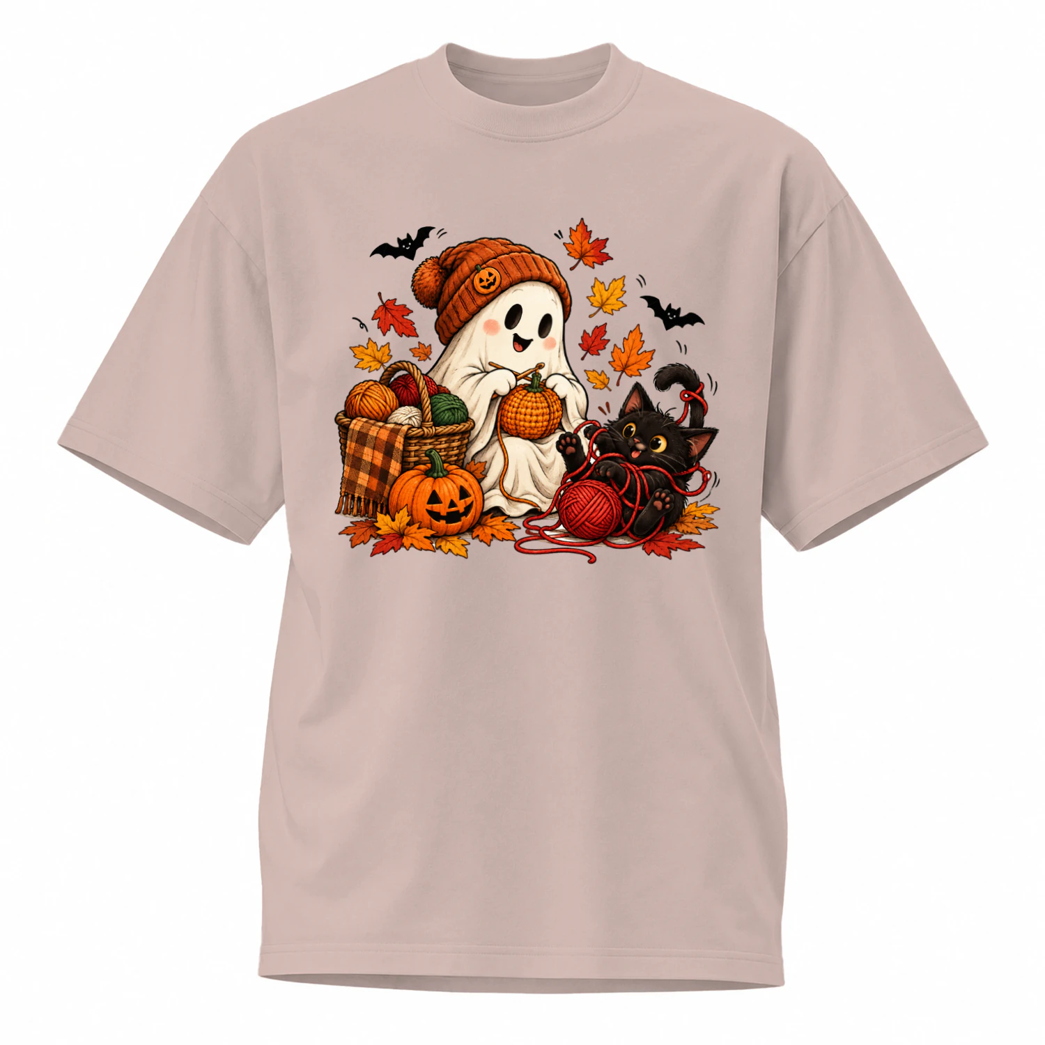 Cozy Ghost Knitting Fall & Halloween Oversized T-Shirt