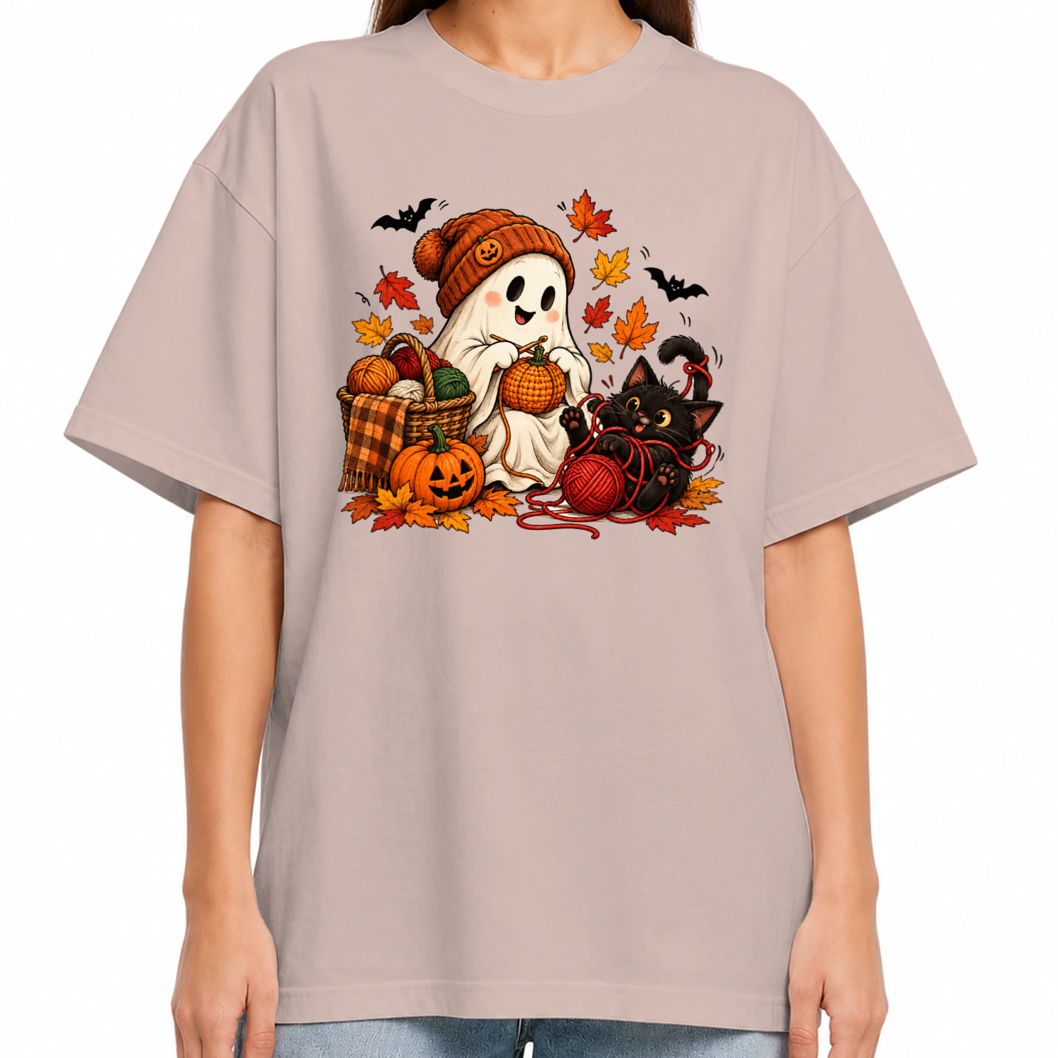 Cozy Ghost Knitting Fall & Halloween Oversized T-Shirt