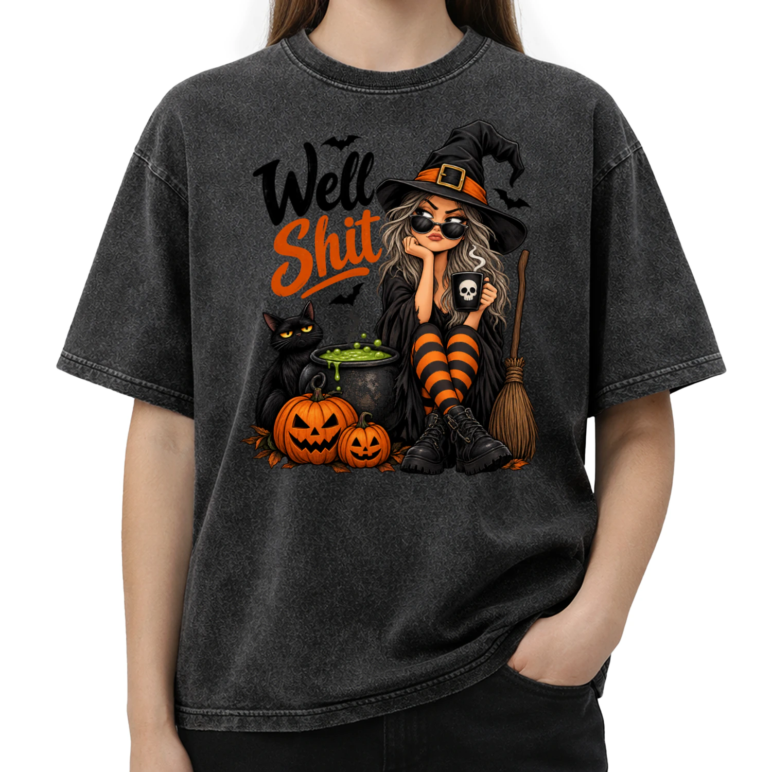 Well Shit Witch - Funny Halloween Black Cat T-Shirt