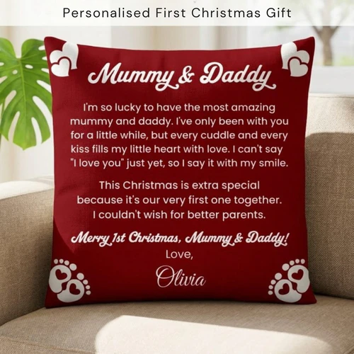  Personalised First Christmas Cushion for Mummy & Daddy | Custom Baby Name Pillow | Baby's First Christmas Gift | New Parents Christmas Keepsake