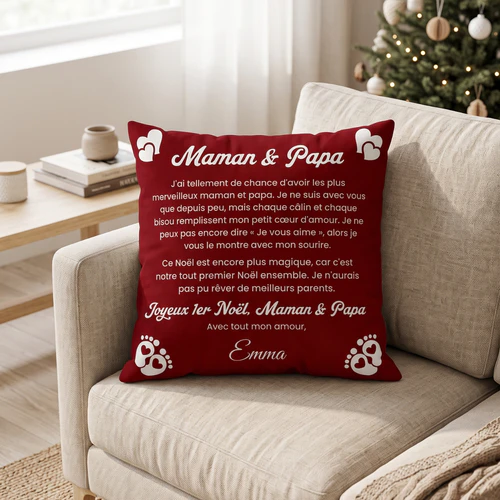 Coussin Personnalisé 1er Noël Bébé – Cadeau pour Maman & Papa | Premier Noël en Famille