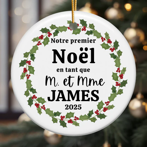 Ornement de Noël Personnalisé – Notre Premier Noël en Tant que M. et Mme