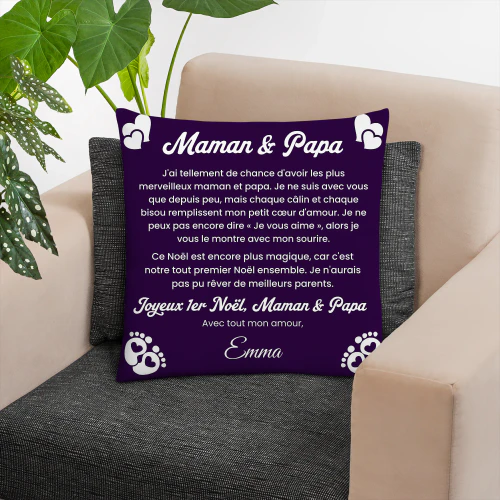 Coussin Personnalisé 1er Noël Bébé – Cadeau pour Maman & Papa | Premier Noël en Famille