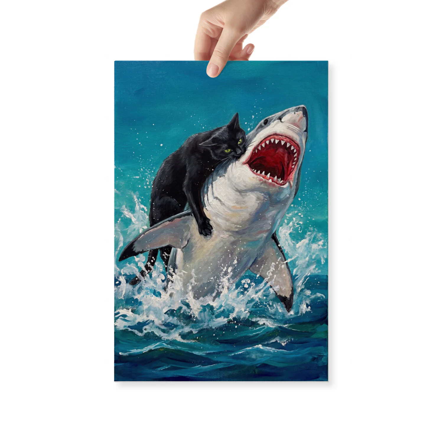 Epic Black Cat Riding a Great White Shark Canvas Wall Art