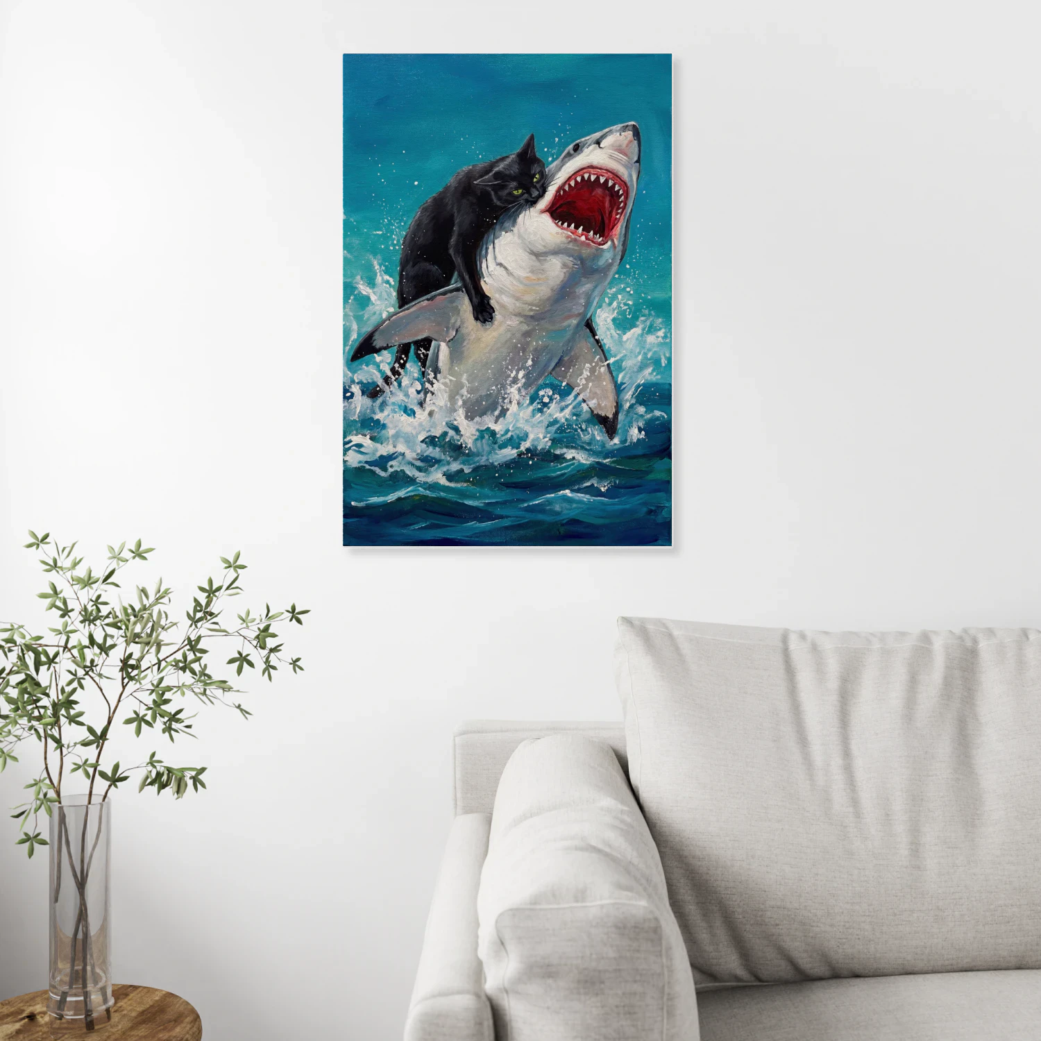 Epic Black Cat Riding a Great White Shark Canvas Wall Art