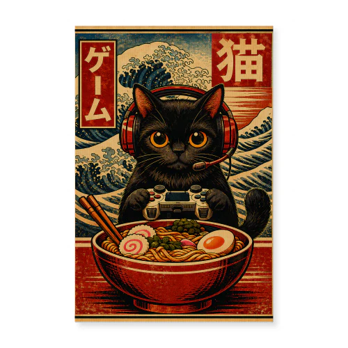 Ramen & Gaming — Retro Japanese Cat Poster