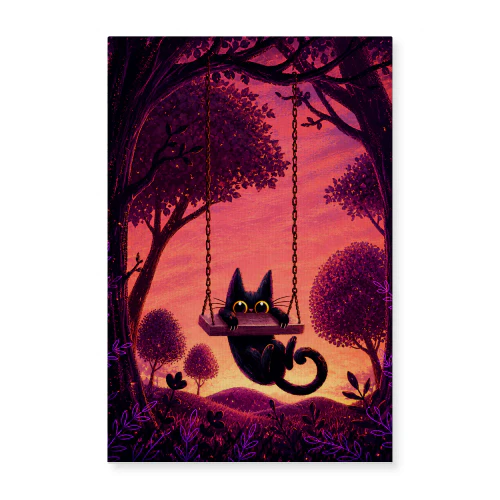 Sunset Swing — Black Cat in a Purple Forest