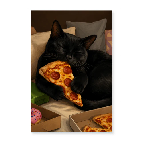 Pizza Nap — Sleeping Black Cat Illustration