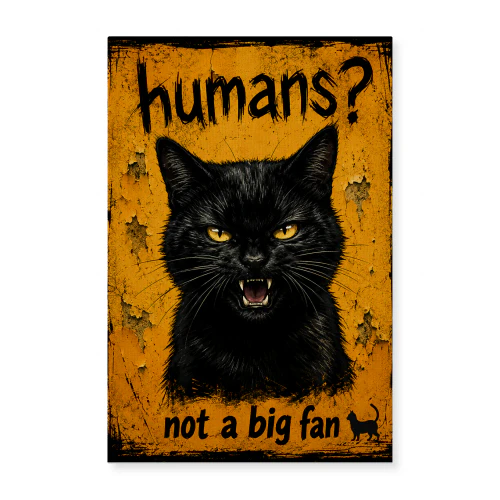Humans? Not a Big Fan — Grumpy Black Cat Sign