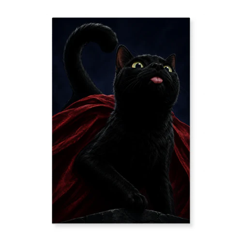The Hero Pose — Caped Black Cat with Blep
