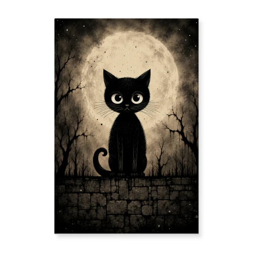 Moonlit Watch — Whimsical Black Cat Illustration