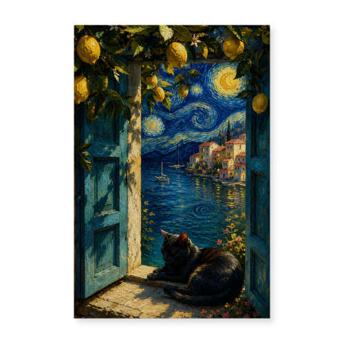 Lemon Door at Night — Coastal Cat Painting