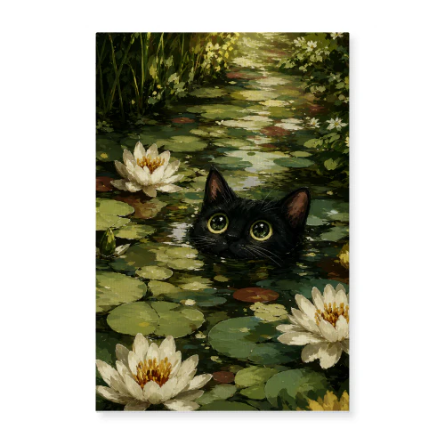 Lily Pond Spy — Impressionist Black Cat Art