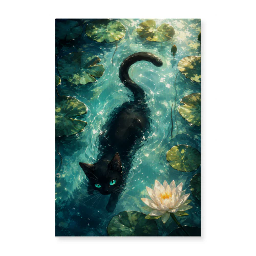 Beneath the Lilies — Swimming Black Cat Watercolour