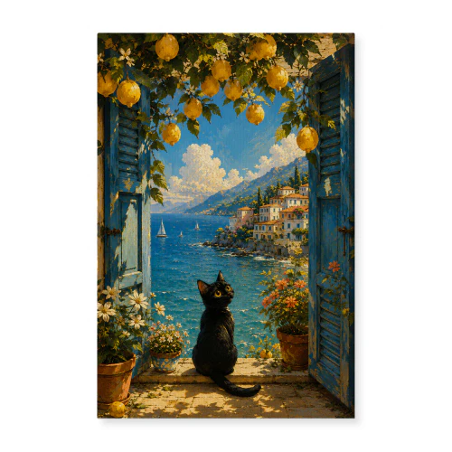 Lemon Terrace — Coastal Black Cat Painting