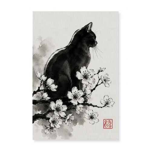 Silent Bloom — Japanese Cat Ink Art
