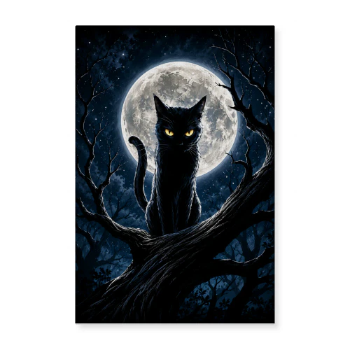 Midnight Sentinel — Black Cat Under the Full Moon