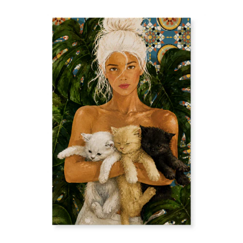 After the Bath — Girl with Three Kittens