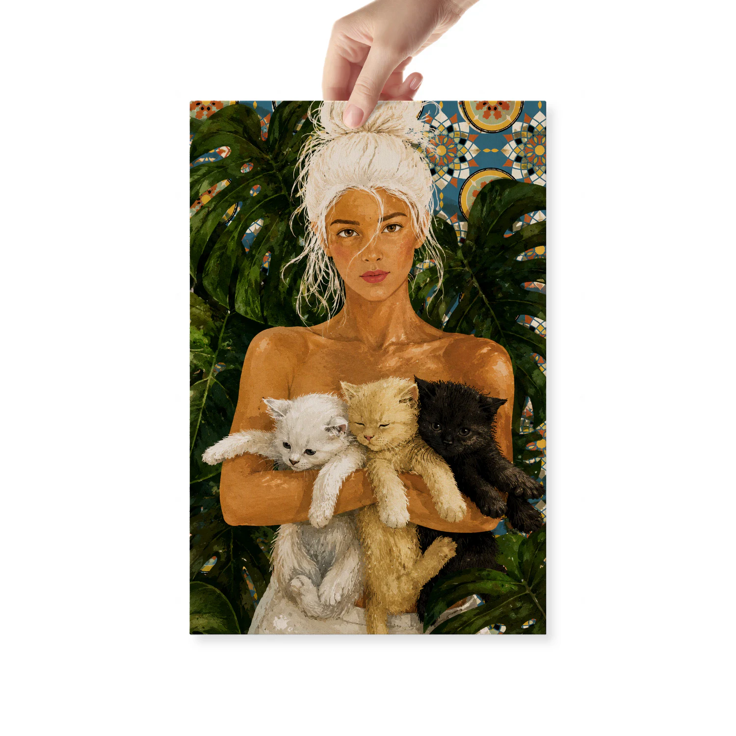After the Bath — Girl with Three Kittens-S