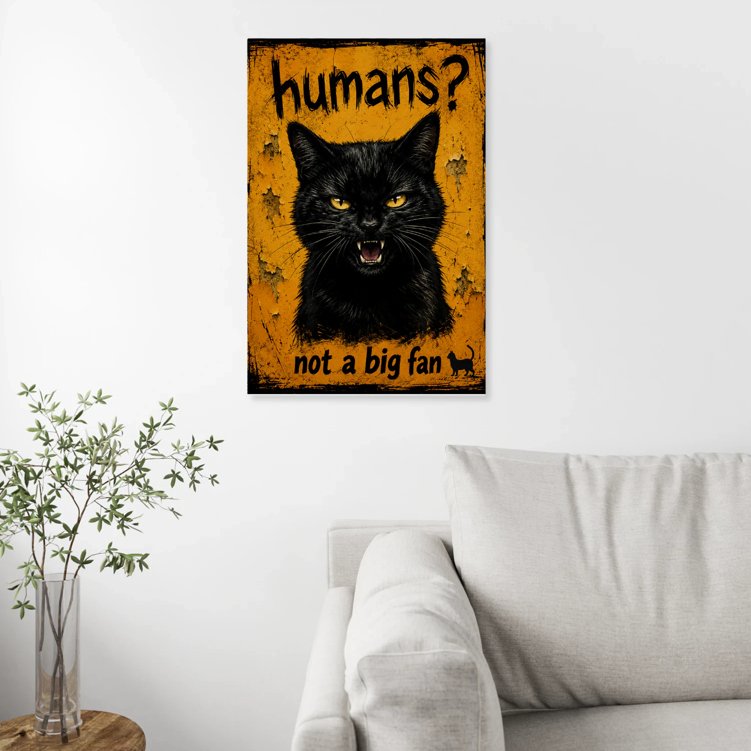 Humans? Not a Big Fan — Grumpy Black Cat Sign-S