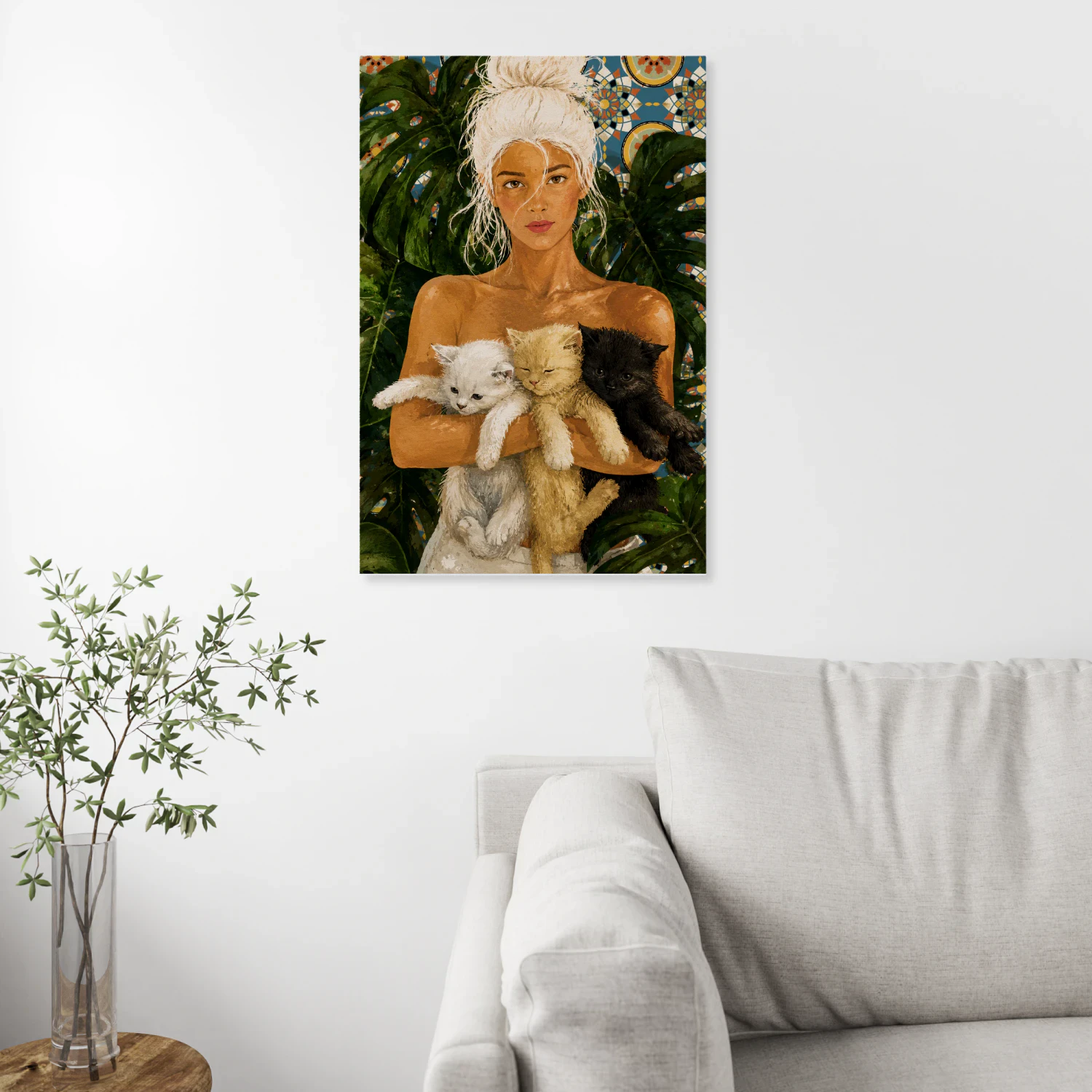 After the Bath — Girl with Three Kittens-S