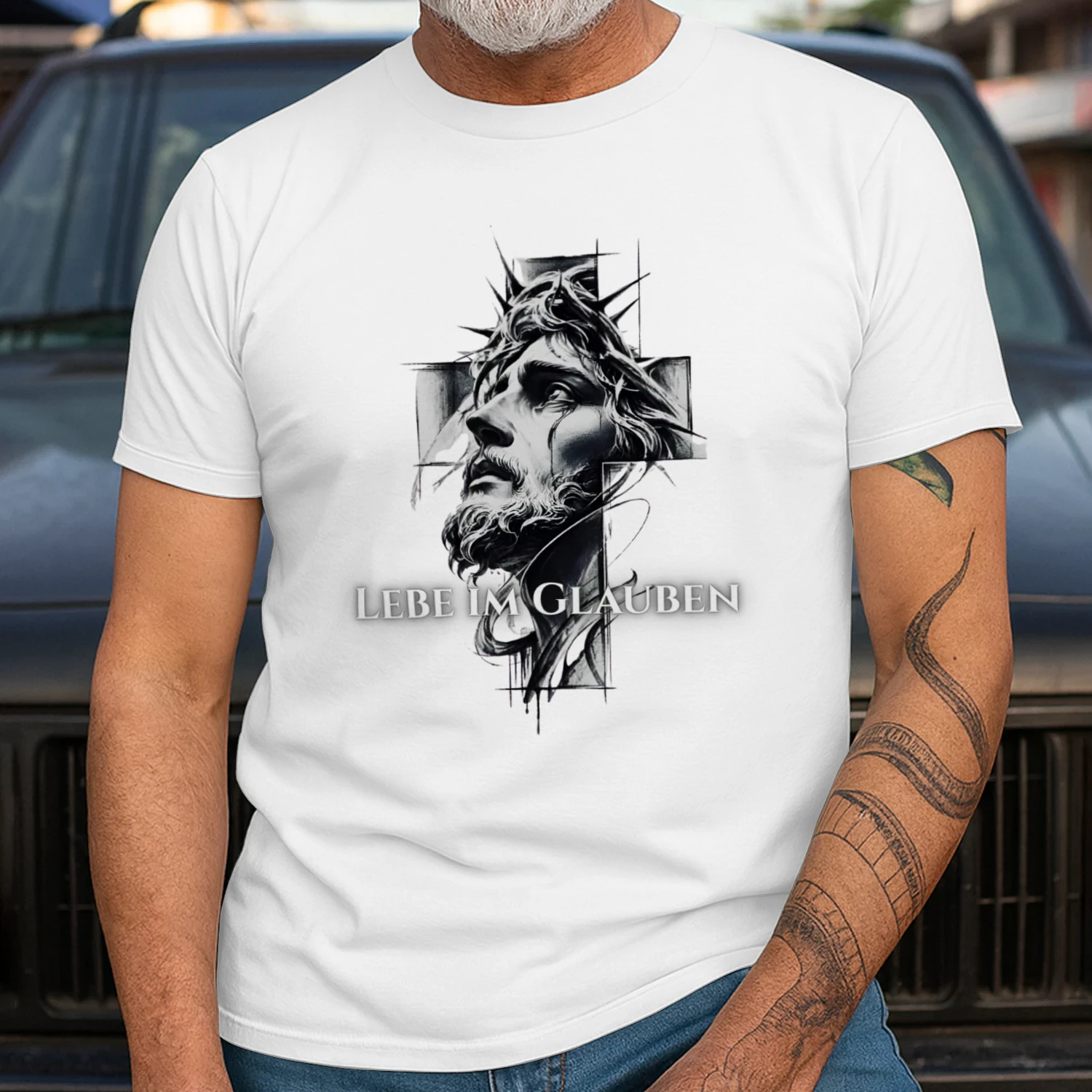 Lebe im Glauben – Jesus Dornenkrone Kreuz Tattoo Design