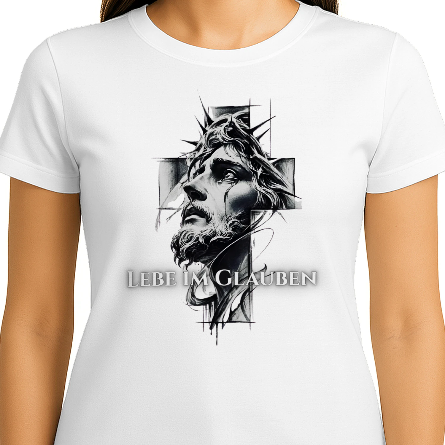 Lebe im Glauben – Jesus Dornenkrone Kreuz Tattoo Design