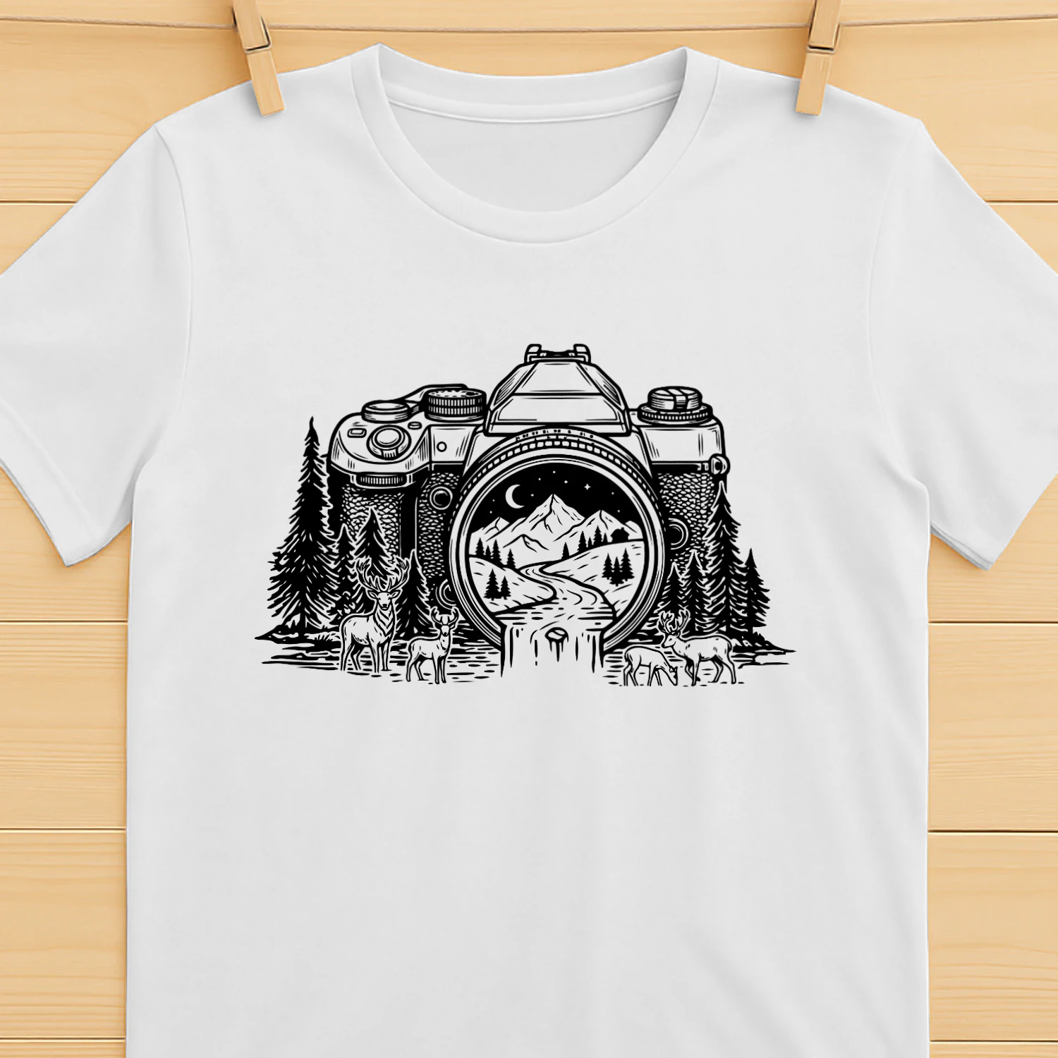 Camera Natuur Landschap T-shirt - Minimalistisch Berg & Bos Design - Cadeau voor Fotograaf