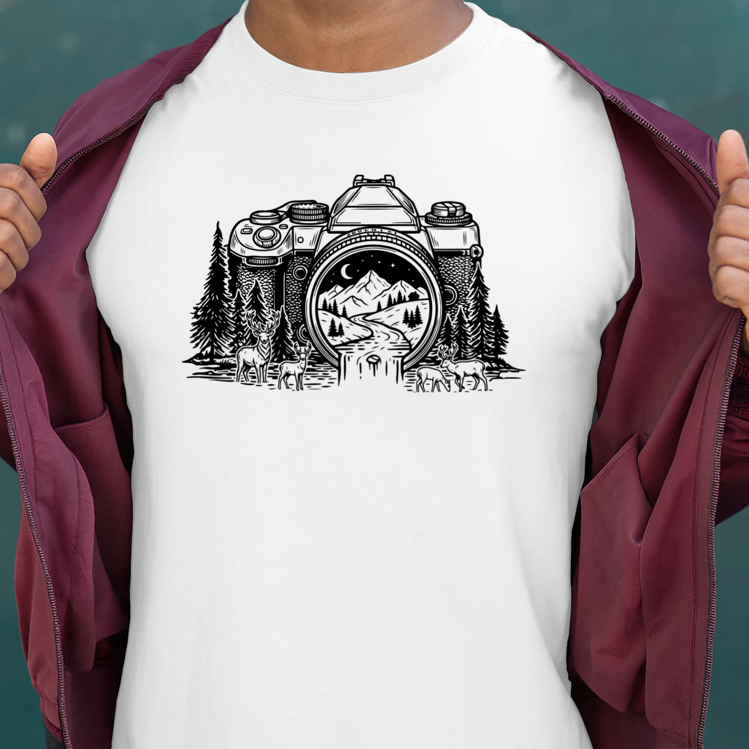 Camera Natuur Landschap T-shirt - Minimalistisch Berg & Bos Design - Cadeau voor Fotograaf