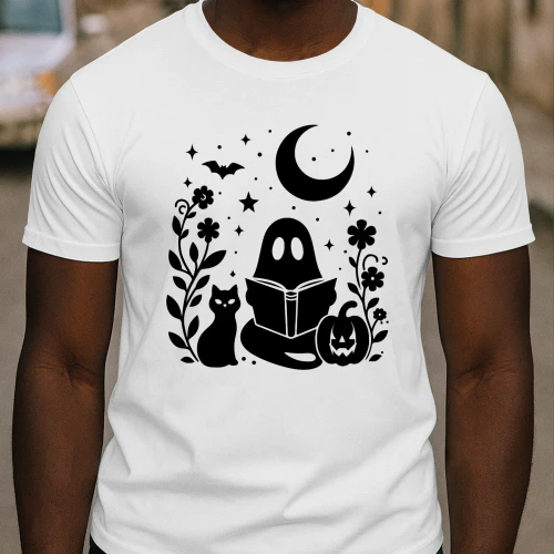 Halloween Ghost Reading Book Cat