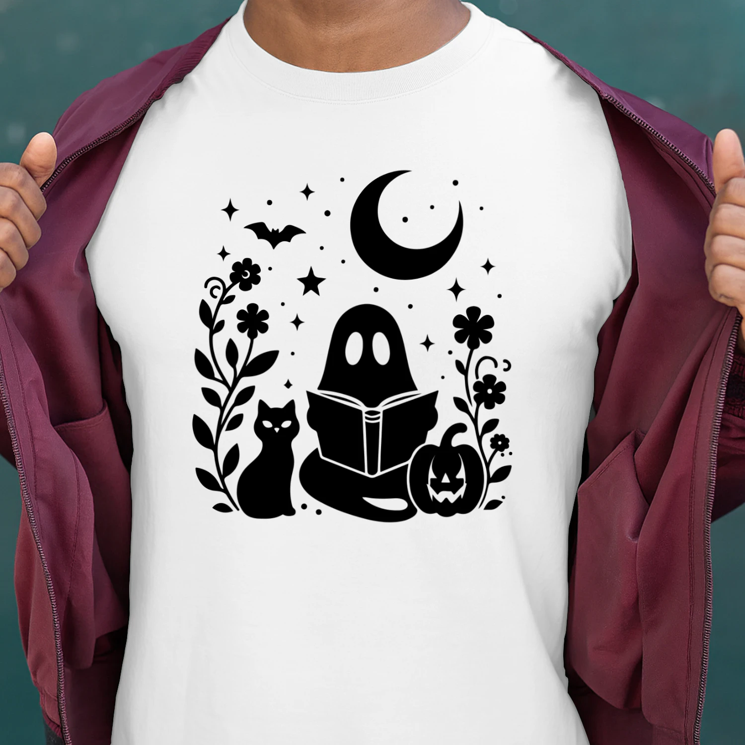 Halloween Ghost Reading Book Cat