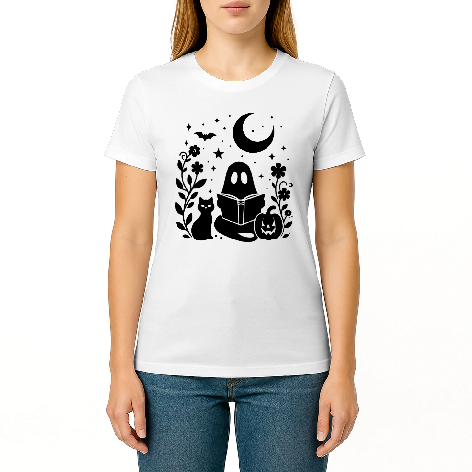 Halloween Ghost Reading Book Cat