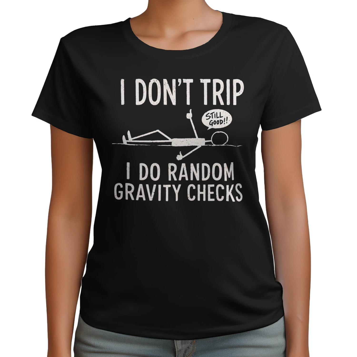 I Don't Trip I Do Random Gravity Checks Funny Stick Figure T-Shirt | Sarcastic Graphic Tee | Minimalist Humor Shirt