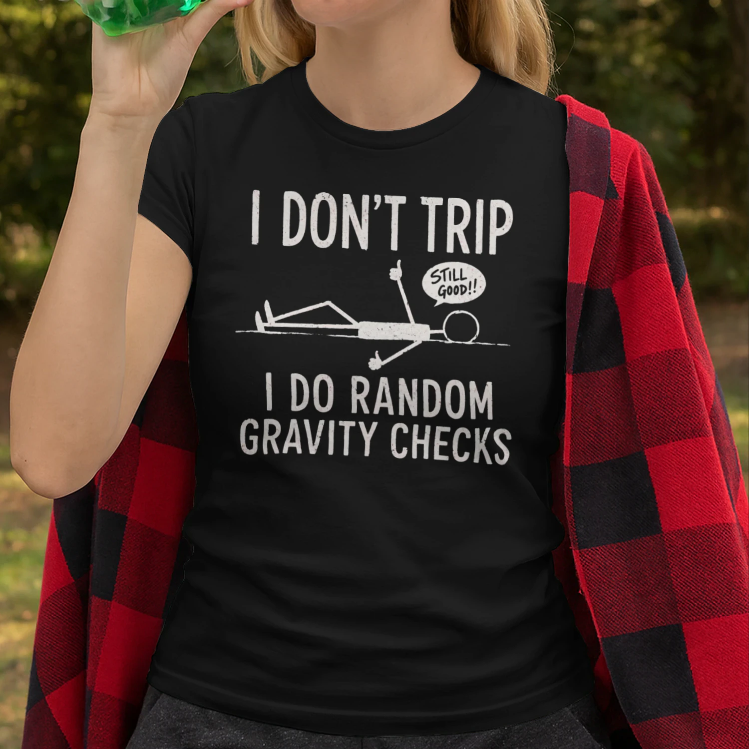 I Don't Trip I Do Random Gravity Checks Funny Stick Figure T-Shirt | Sarcastic Graphic Tee | Minimalist Humor Shirt