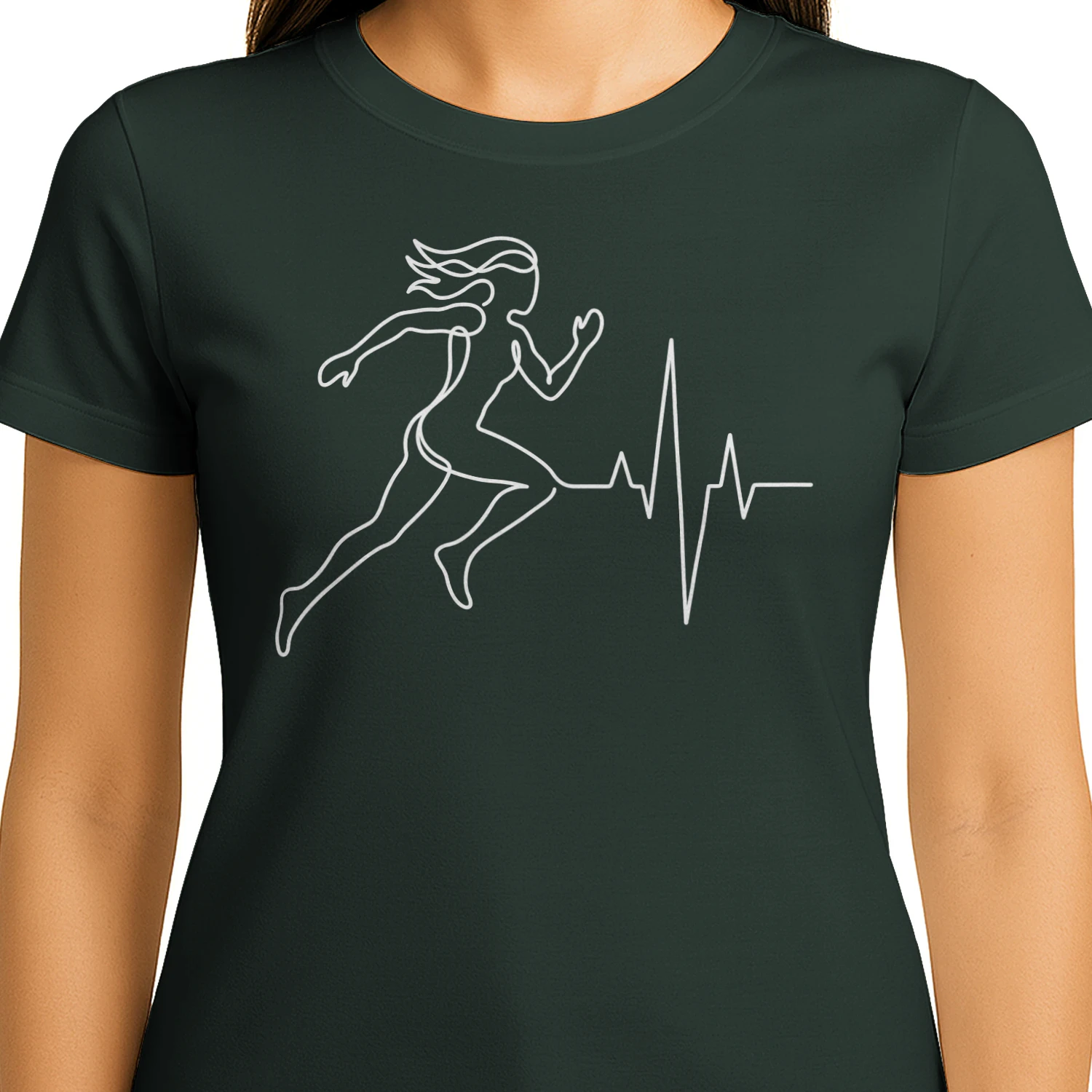 Running Woman Heartbeat T-Shirt — Minimalist Runner Line Art Fitness Tee — Gift for Women Runners