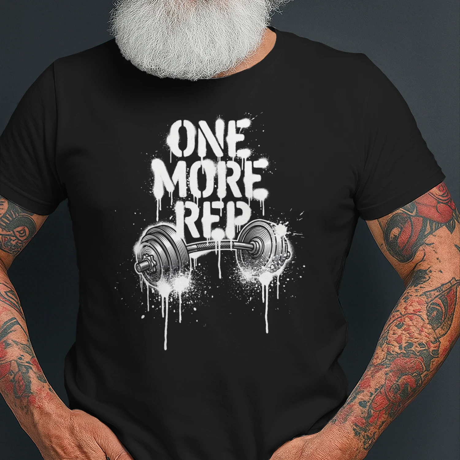 One More Rep Gym T-Shirt — Graffiti Barbell Fitness Motivation Tee — Workout Gift for Men Women