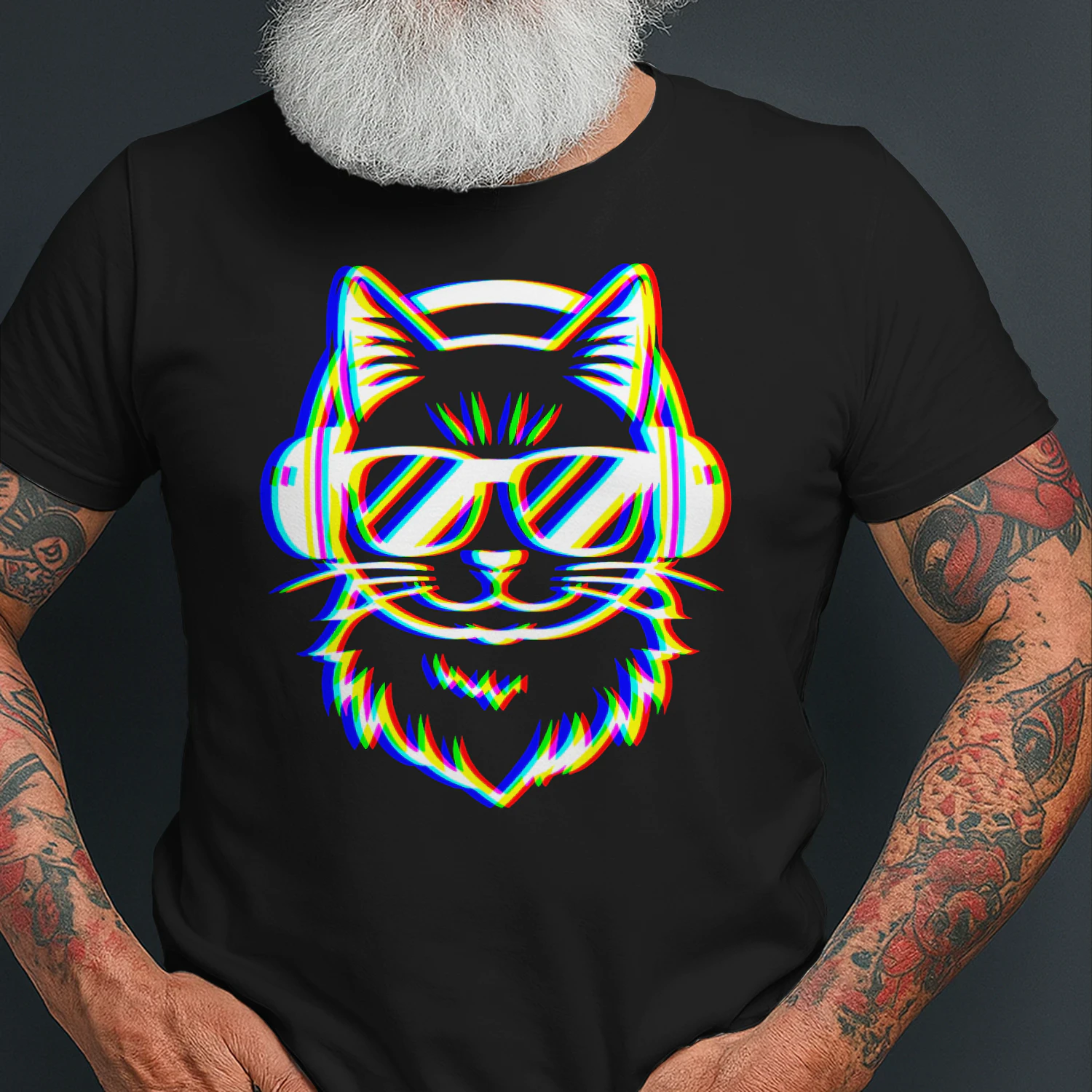 Glitch Cat DJ T-Shirt — Cool Cat with Sunglasses Headphones Graphic Tee — Funny Cat Lover Music Gift