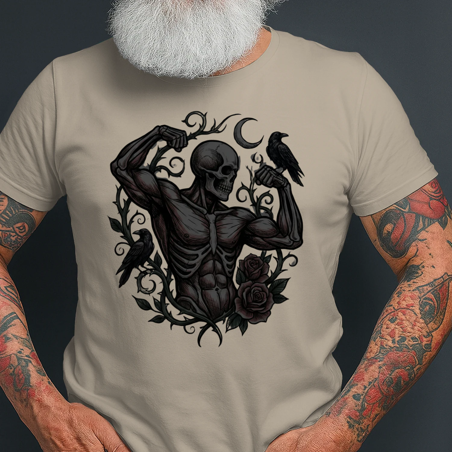 Gothic Skeleton Bodybuilder T-Shirt — Dark Gym Aesthetic Skull Fitness Tee — Workout Gift for Men Women