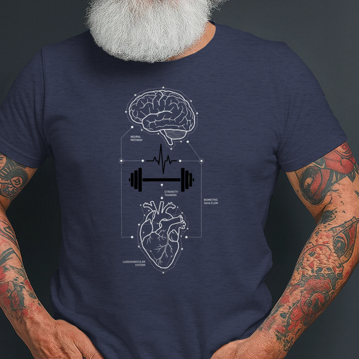 Gym Blueprint T-Shirt — Brain Heart Barbell Anatomy Diagram Fitness Tee — Workout Gift for Men Women