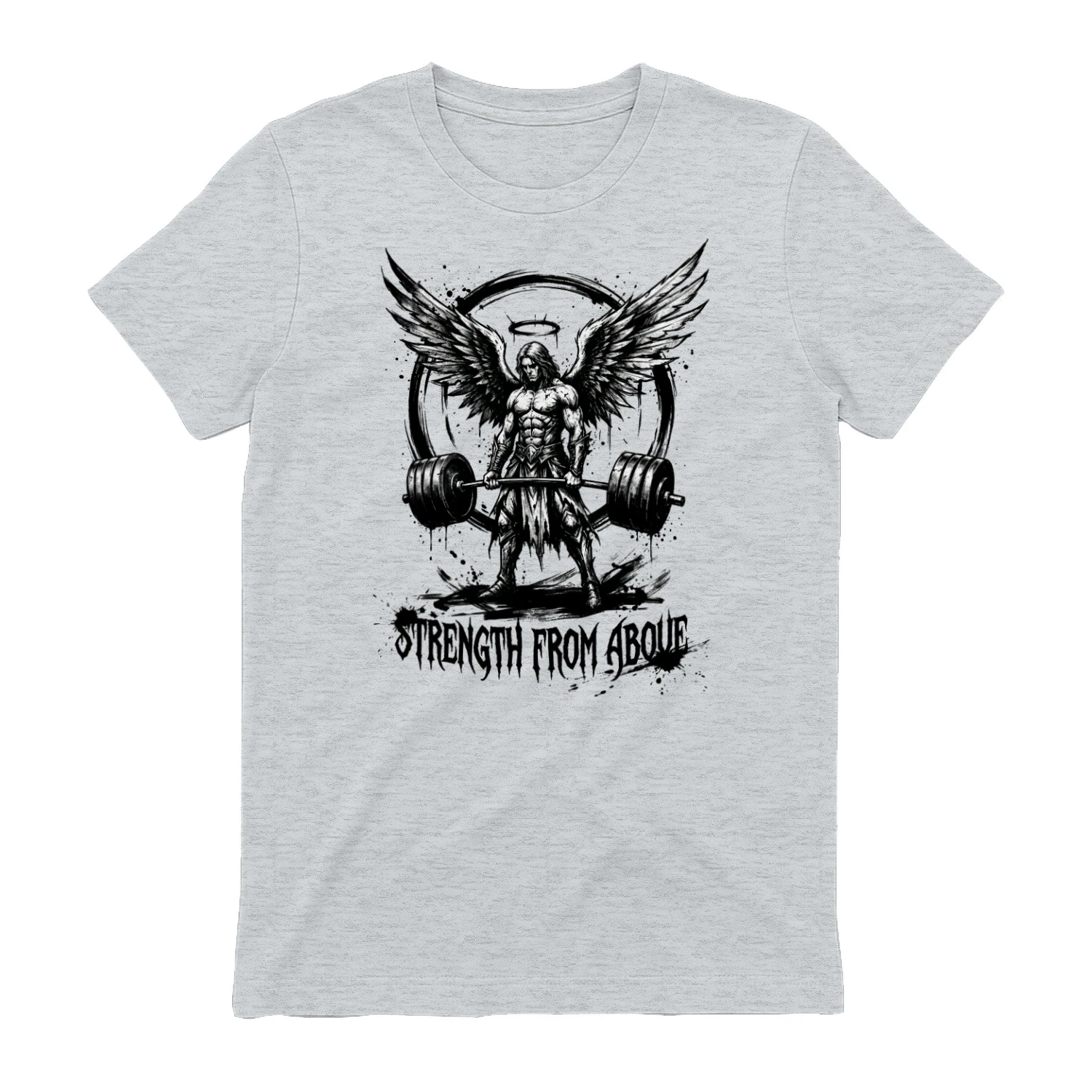 Strength From Above Gym T-Shirt — Angel Warrior Barbell Fitness Design — Workout Gift for Men Women