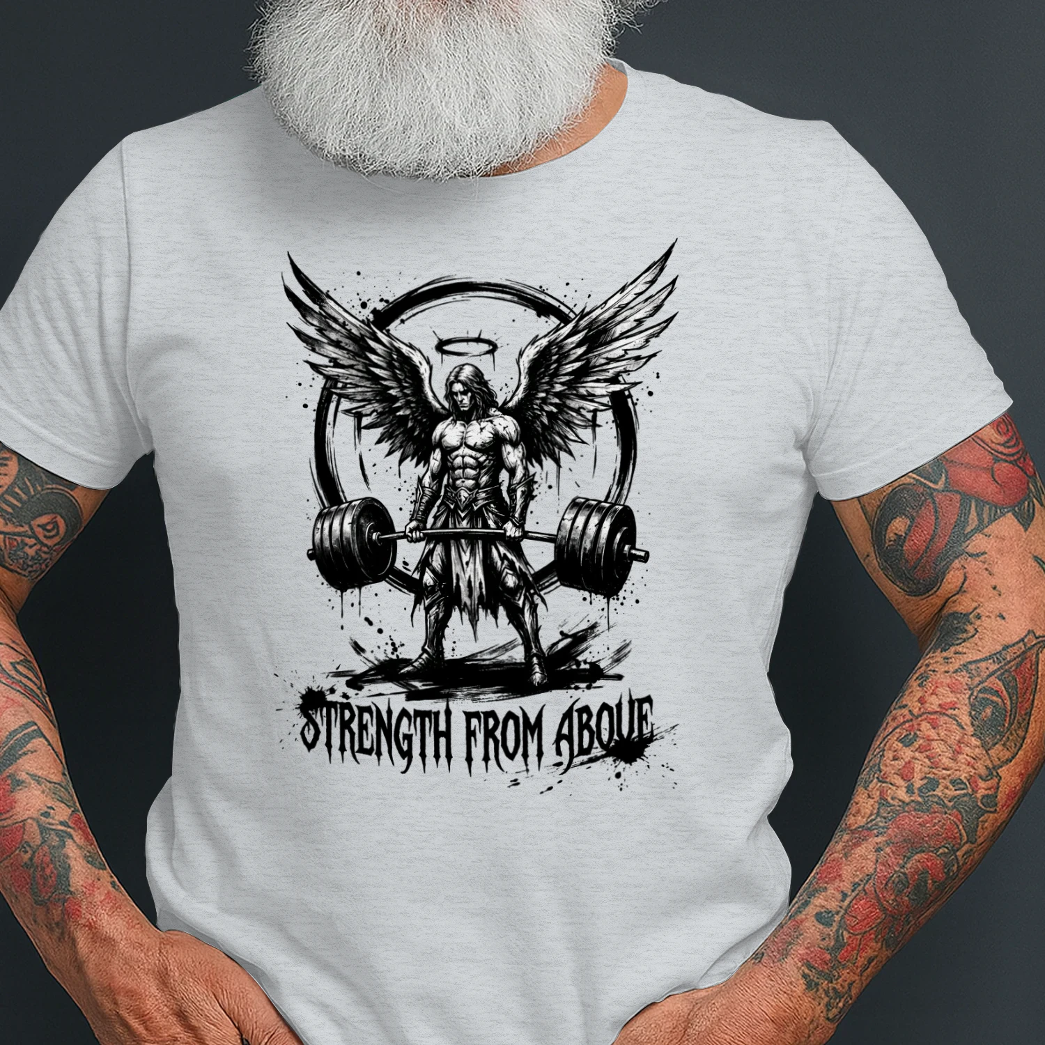 Strength From Above Gym T-Shirt — Angel Warrior Barbell Fitness Design — Workout Gift for Men Women