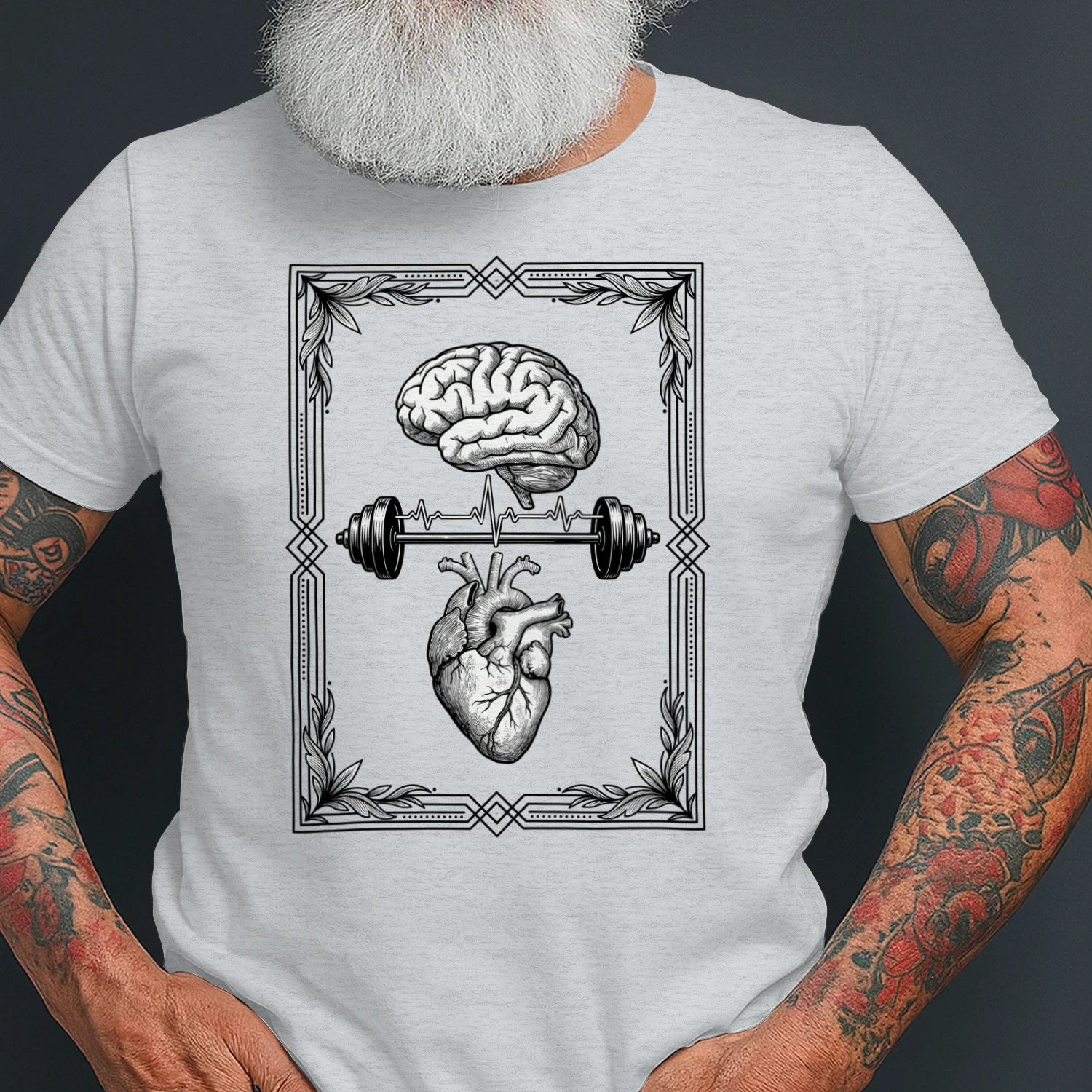 Mind Body Gym T-Shirt — Brain Heart Barbell Anatomy Fitness Design — Workout Gift for Men Women