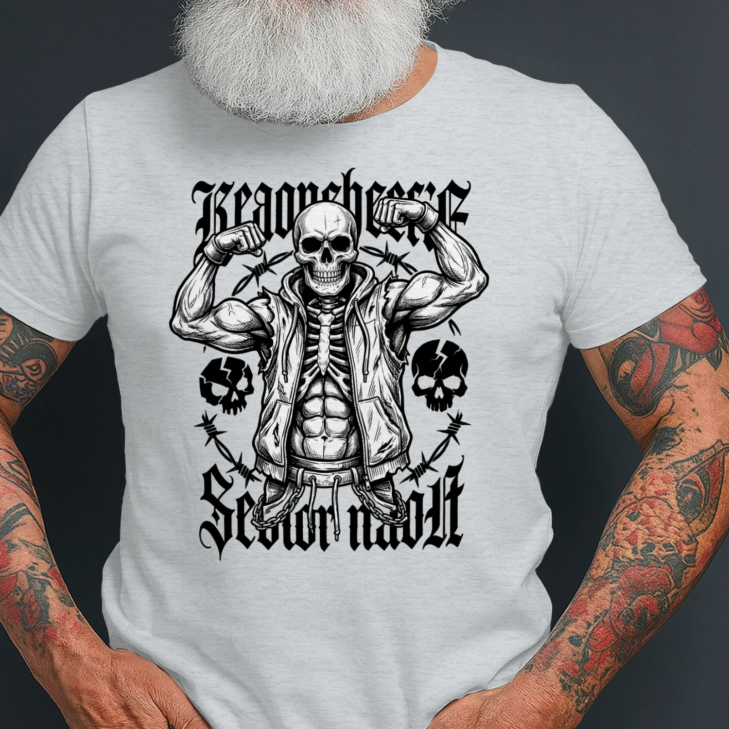 Gothic Skeleton Gym T-Shirt — Dark Skull Bodybuilder Fitness Design — Workout Gift for Men Women
