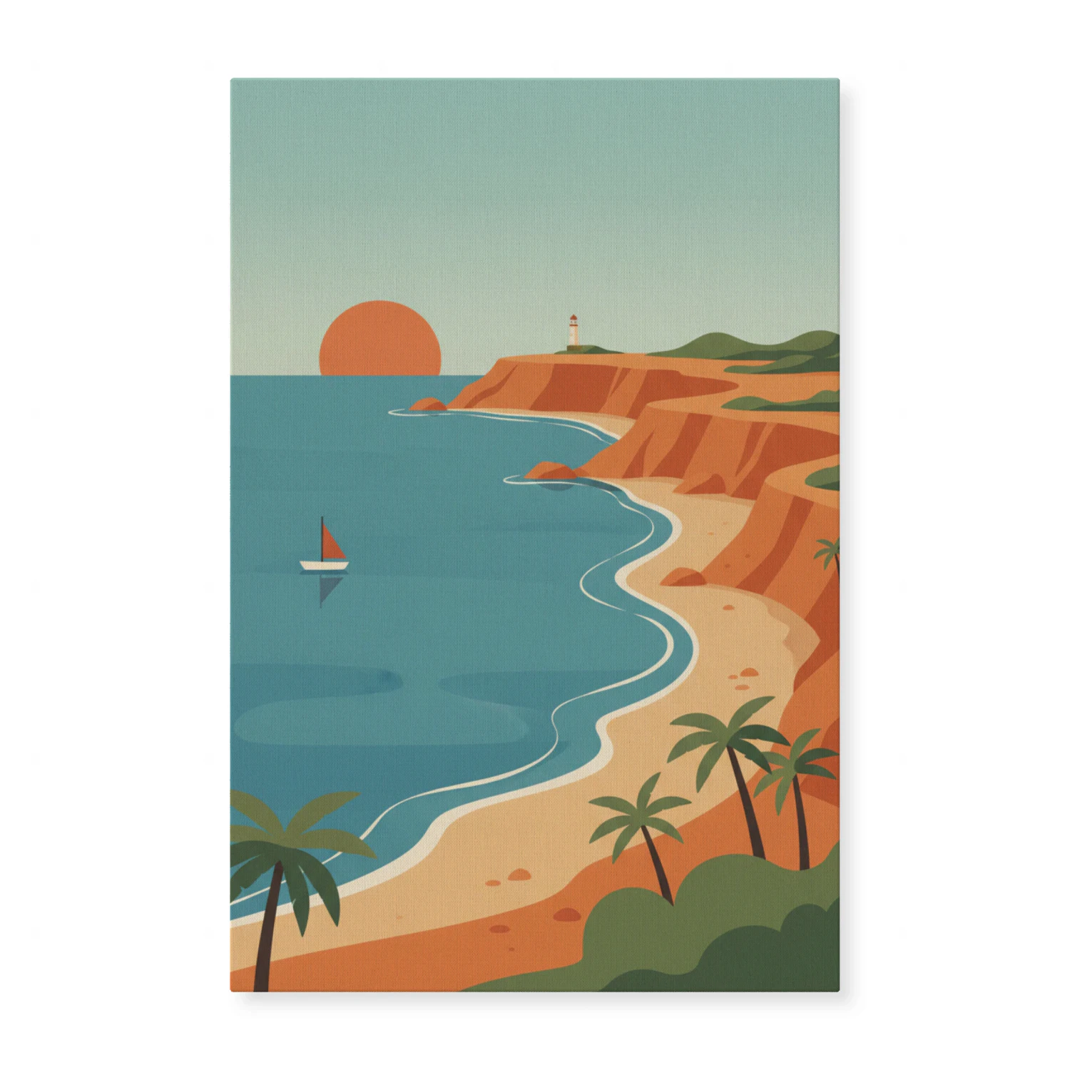 Tropical Beach Sunset Travel Illustration - Serene Coastal Wall Art for Vacation Home