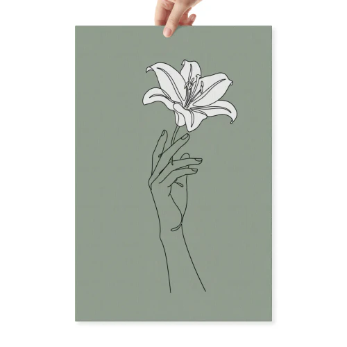 Minimalist One Line Drawing Hand Holding Lily - Elegant Botanical Wall Art for Living Room