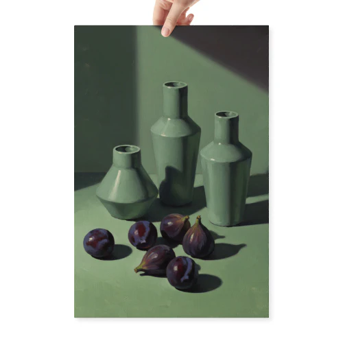 Moody Still Life Painting with Figs and Bottles - Dark Academic Kitchen Wall Art