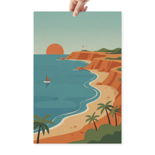 Tropical Beach Sunset Travel Illustration - Serene Coastal Wall Art for Vacation Home