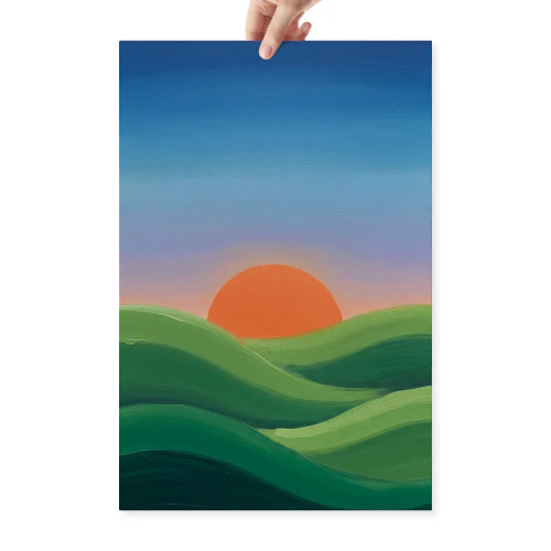 Bright Stylized Hills with Golden Sun Horizon - Joyful Nature Illustration for Nursery